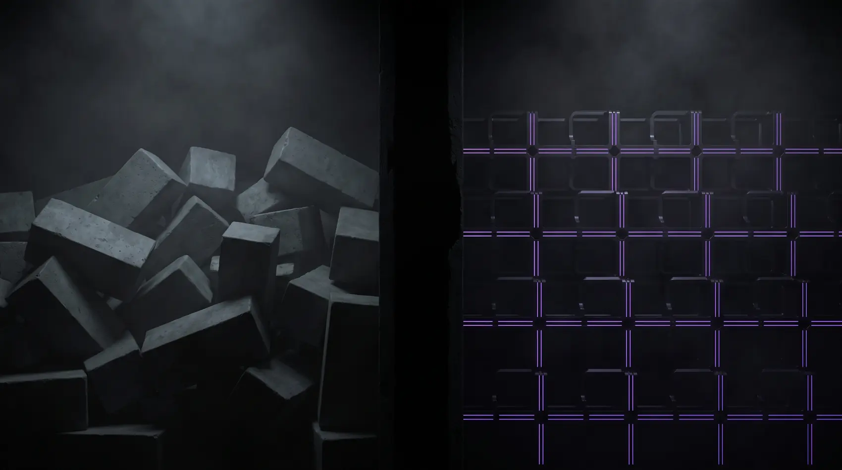 Left: a scattered pile of mismatched grey blocks. Right: the same material resolved into a precise modular grid lit with violet edge light.